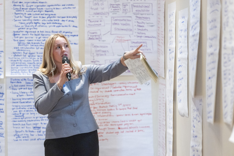 Representatives from the small group breakouts, which explored issues aimed at creating “third spaces” within the campus environment to address them, reported on takeaways to the overall congregation.