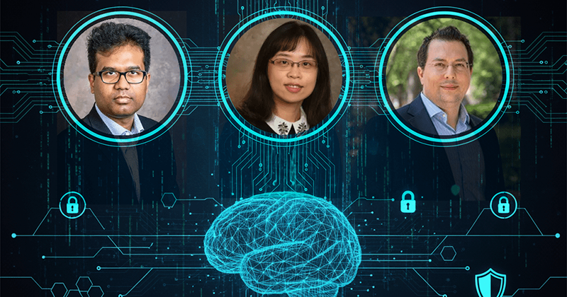 University of Delaware researchers Satwik Patnaik, Chengmo Yang and Nektarios Tsoutsos are leading an NSF-funded project to build security directly into computer chip design, using artificial intelligence, game theory and cryptography to stop hardware attacks before they happen.