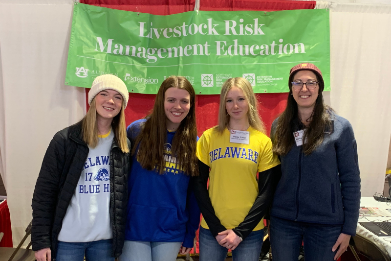 Creel (second from right) interned with Kelly Davidson, assistant professor of applied economics, looking into how farmers assess risk and spread information about a new crop insurance program from the United States Department of Agriculture (USDA). Creel and three other interns traveled to farm shows around the region to connect with farmers face-to-face. Pictured (left to right) are Keeley McCormick, Kaitlyn Bradley, Daisy Creel and Kelly Davidson.