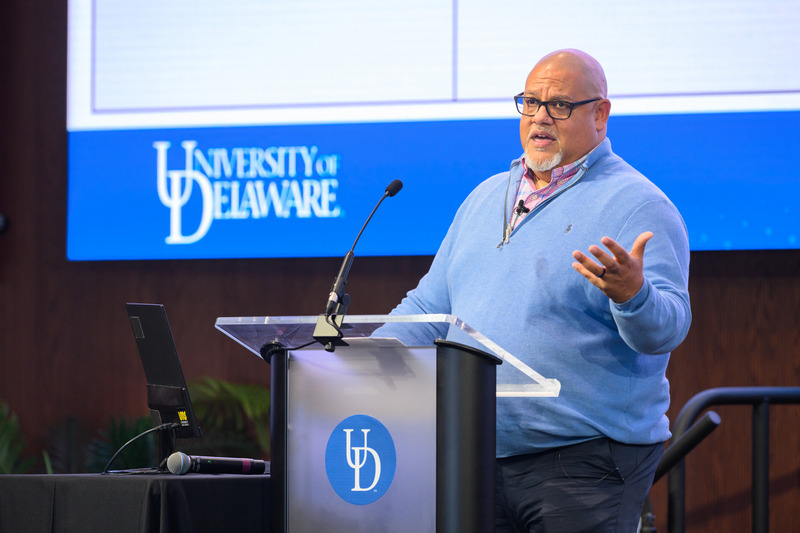 Gregory Cooper, associate director of psychiatric and addiction services at UD’s Center for Counseling and Student Development, likened cellphones to portable anesthesia devices that give us the ability to check out and escape our feelings, during a keynote address at the Hayes Symposium. 
