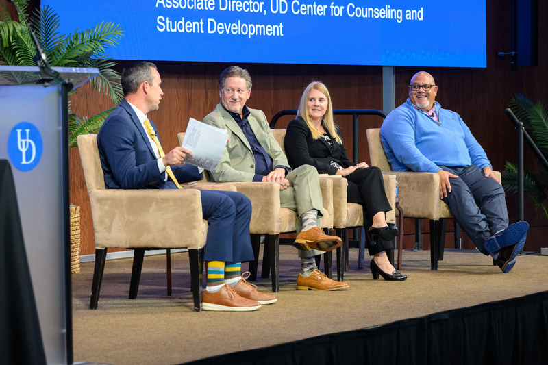 (Left to right) Michael Smith, director of strategic initiatives for the College of Health Sciences, moderates a panel on resiliency featuring Chris Locke, founder of SL24 and Sean’s House; Cynthia Diefenbeck, director of UD’s Center for Counseling and Student Development (CCSD); and Gregory Cooper, associate director of psychiatric and addiction services at the CCSD, at the 2025 Evelyn R. Hayes Innovations in Healthcare Symposium. 