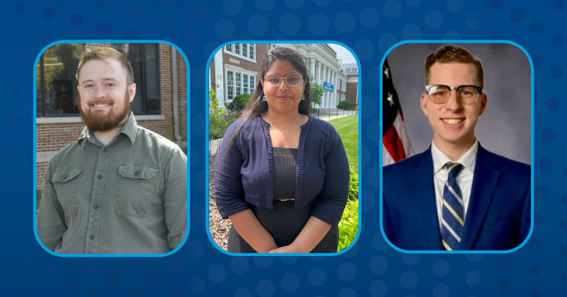Biden School students Henry Goodson (left), AJ Nehru (center), and Alex Dewey (right) excel in academia while preparing for their professional careers through unique opportunities offered at UD. 