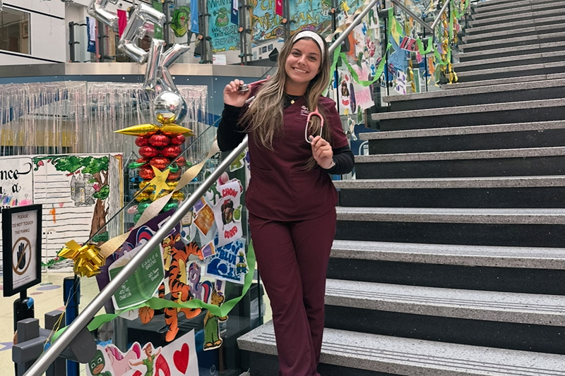 Jaidyn Morales-Devine, a senior nursing major, served her Flynn Fellowship in pediatric oncology at CHOP, where she will work full-time after graduation. Jaidyn Morales-Devine, a senior nursing major, served her Flynn Fellowship in pediatric oncology at CHOP, where she will work full-time after graduation.