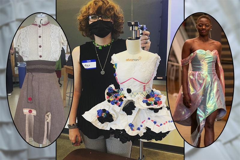 In his functional and wearable design class Culley helped revamp dance costumes for the spring 2025 “Project 146” dance concert, which requires a different skill set. Students learned about techniques for ensuring the range of motion and FEA — “the functional, emotional and aesthetic needs of the dancer,” he said. Other fashion projects include a half-scale dress inspired by the wedding dress Ann Lowe made for Jacqueline Kennedy and the strapless dress that was his final project for draping class.  In his functional and wearable design class Culley helped revamp dance costumes for the spring 2025 “Project 146” dance concert, which requires a different skill set. Students learned about techniques for ensuring the range of motion and FEA — “the functional, emotional and aesthetic needs of the dancer,” he said. Other fashion projects include a half-scale dress inspired by the wedding dress Ann Lowe made for Jacqueline Kennedy and the strapless dress that was his final project for draping class.