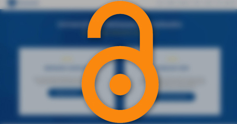 Orange open lock icon sits atop a blurry website background.