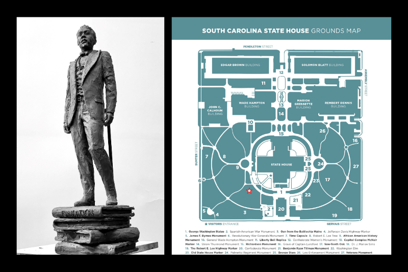 Georgia-based artist Basil Watson’s design (left) will eventually stand on the South Carolina State House grounds, marked with the red star (right).