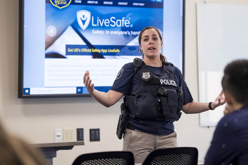 UDPD Lieutenant Adrienne Benevento speaks to a class about the LiveSafe app and UD Alert. UDPD Lieutenant Adrienne Benevento speaks to a class about the LiveSafe app and UD Alert.