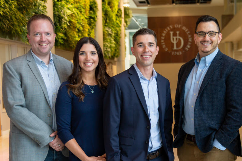 Delaware Center for Cognitive Aging Research (DECCAR) Executive Committee members (L to R) Curtis Johnson, associate professor of biomedical engineering; Alyssa Lanzi, assistant professor of communication sciences and disorders (CSCD); Chris Martens, DECCAR director and professor of kinesiology and applied physiology; and Matthew Cohen, associate professor of CSCD.