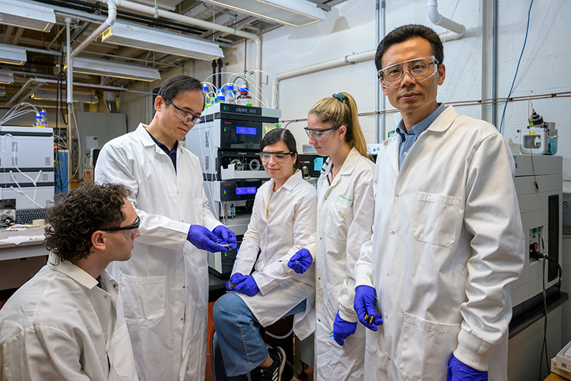 In UD’s Mass Spectrometry Lab, led by Zhihao Zhuang (right), professor of chemistry and biochemistry, they’re working to develop a blood test for Alzheimer’s, supported by the DCF grant. Pictured here, Zhuang is with (L to R) Matthew Marino, a biochemistry doctoral student; Yanbao Yu, director of proteomics; Zeinab Moafian, a biochemistry doctoral student; and Amanda Sensi, a chemical biology doctoral candidate.