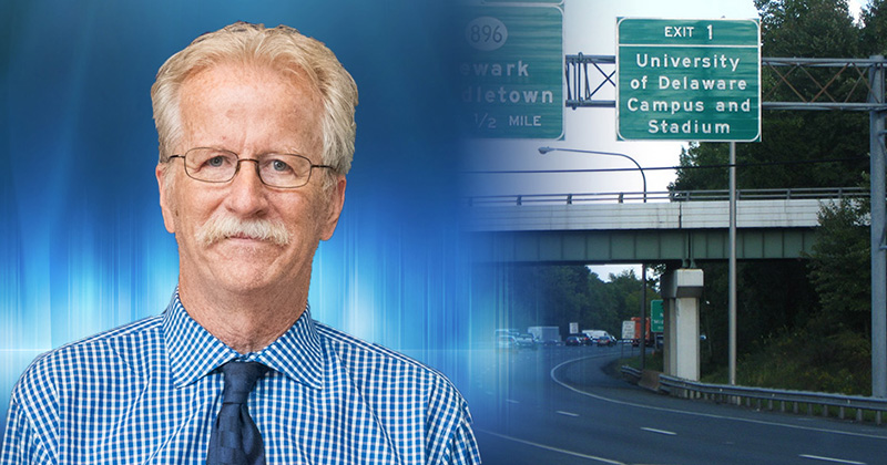 Rusty Lee's headshot superimposed over a photo of a highway exit to UD