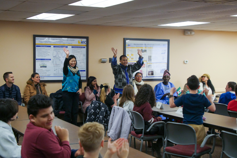 Oyumaa Enkhtuvshin (left) and Tsedenpil Dansran (right), both from Mongolia, introduce themselves at UD's College School. The teachers visited to learn more about teaching methods here and to introduce the students to their home country. 