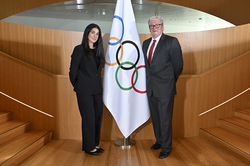 Samantha Matisoff and Matthew Robinson, professor of sport management, at International Olympic Committee headquarters in Lausanne, Switzerland.