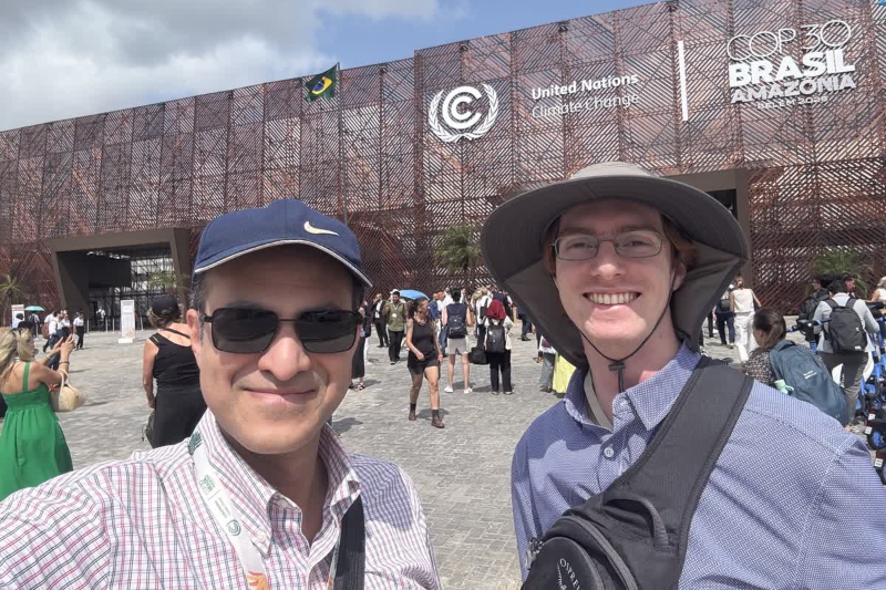 University of Delaware undergraduate student Drew Martin and Saleem Ali, Blue and Gold Distinguished Professor of Energy and the Environment, were among thousands of international participants at the United Nations Climate Change Conference, known as COP30, held in November 2025 in Brazil. 