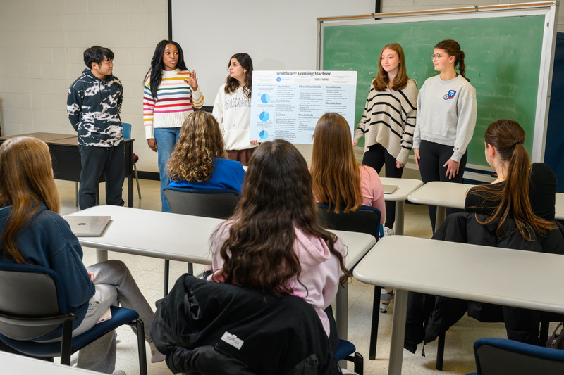 First-year honors nursing students (left to right) Jared Ramos, Kalisa Chambers, Charlotte Rotter, Erin McCarthy and Alannah Crozier present their idea to have healthcare vending machines on the first floor of every residence hall. The group won second place at the Big Ideas Challenge at Blue Hen Innovation Fest. 
