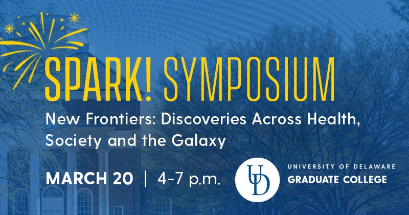 Promotional graphic for the Spark Symposium showing event details over a faint background image of Memorial Hall on the UD campus.