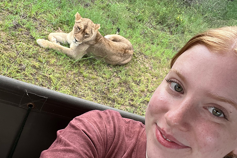 Lillian Whitesell, a senior honors nursing major, snaps a selfie with a lion while on safari. 