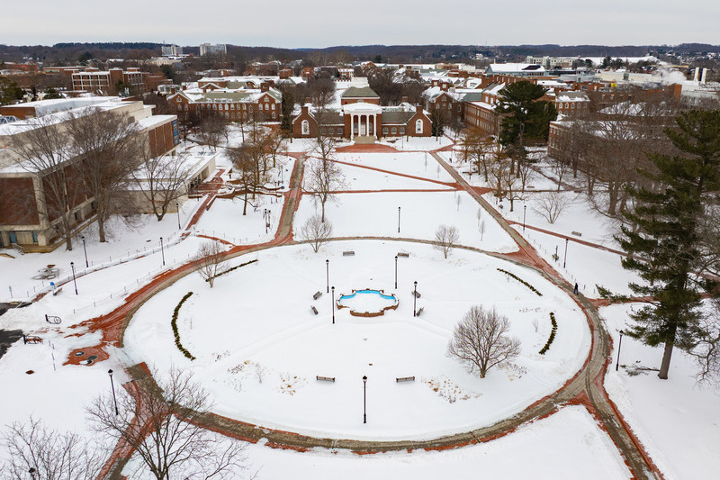 An aerial view of UD's Newark campus following a winter storm.