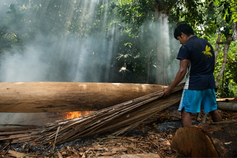 Maijuna community member Geysen Coquinche, Griffiths’ neighbor in Sucusari, crafts a traditional dugout canoe for use in his research expeditions. 