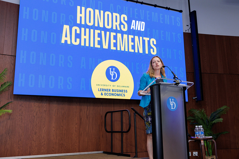 Julia Bayuk, professor of marketing and associate dean for undergraduate programs at the University of Delaware, speaks at Lerner College’s 2025 Honors and Achievements event. Bayuk was named a 2025 Poets&Quants Best Undergraduate Business Professor.