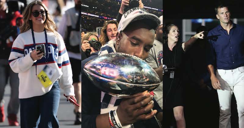 Alumni Samantha Konspore, Michael Akinbola and Abbey Thistle (standing beside Tom Brady) all work for the New England Patriots. You may not see them on ESPN, but, behind the scenes, they help keep the organization’s engine running.