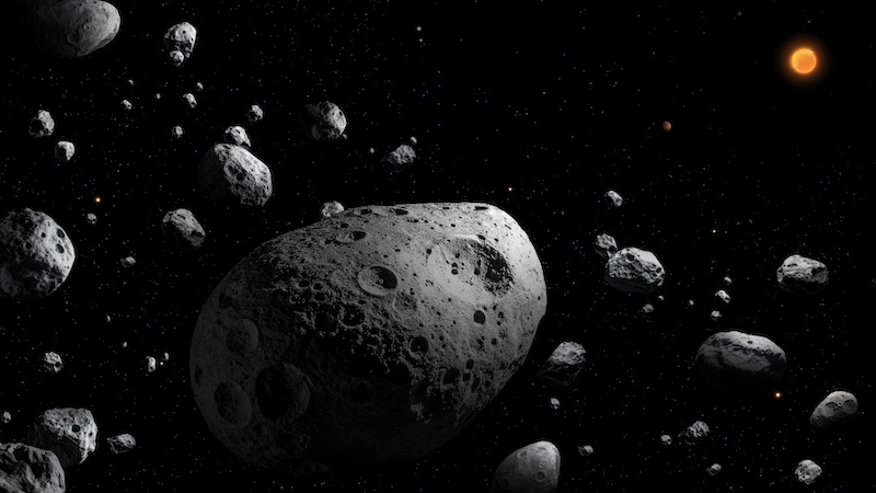Artist’s illustration of the massive, fast-spinning asteroid 2025 MN45 spotted by Rubin Observatory and announced Jan. 7, 2026. It is nearly the size of eight football fields in diameter and rotates every two minutes. 