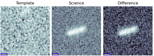 Citizen scientists review sets of three images like these to determine if a Rubin detection is a real object or an error produced by a cosmic ray, camera vibration or other issue. As shown above, from left, the “template” image is of a sky region that serves as a baseline for comparison; the “science” image is where a change in brightness has been detected (a possible changing or moving object); and the “difference” is the image created by subtracting the template from the science image. The object detected here is an asteroid. Asteroids close to Earth move fast enough across the sky they create trails during Rubin’s 30-second exposures. A trail will be as wide as a star but spread out in a line.