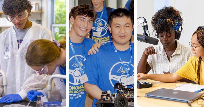 Three photos showing high school students engaged in laboratory, robotics and podcasting activities.