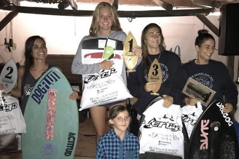 A 17-year-old Okoniewski, seen here with fellow elite skimmers from around the world, placed first in an international competition in Los Caños de Meca, Spain, representing Team USA.