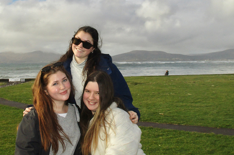 Honors nursing majors (left to right) Aoife Riordan, Emma Holleran and Kim Steinberg visit the Ring of Kerry, renowned for its dramatic Atlantic coastlines, while spending a semester abroad in Ireland. 