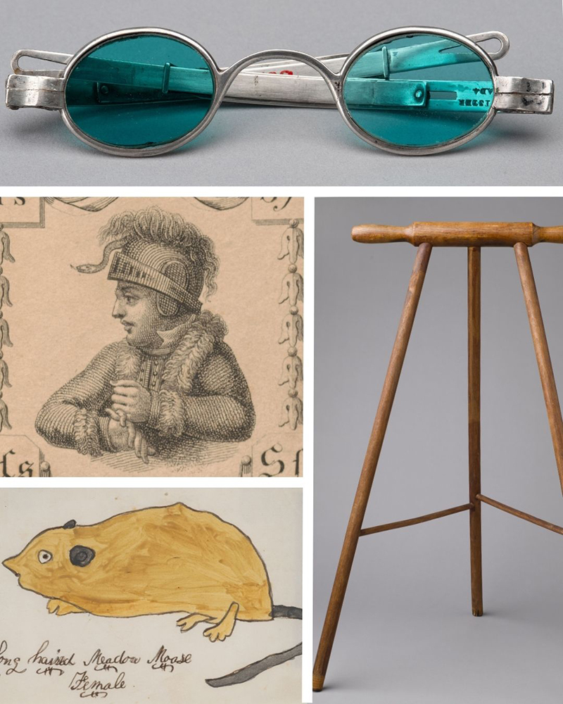 Items on display in the exhibition include blue-tinted spectacles, a wooden Shaker walker, a miniature watercolor of a mouse, and an engraving of a young boy signing the letter ‘S’ in British Sign Language. Image credit Sydney Collins.