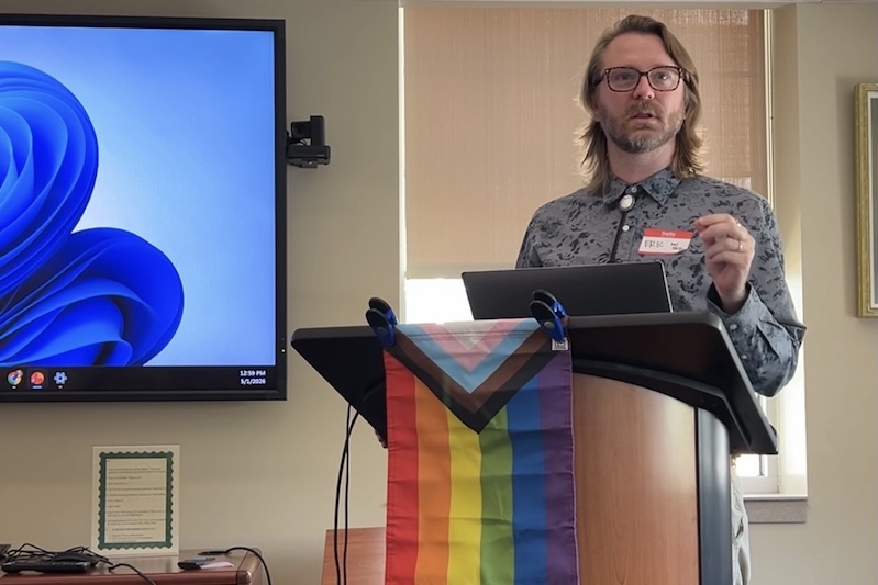 Layland offers opening remarks at an LGBTQ research symposium held on campus in May. Layland offers opening remarks at an LGBTQ research symposium held on campus in May.