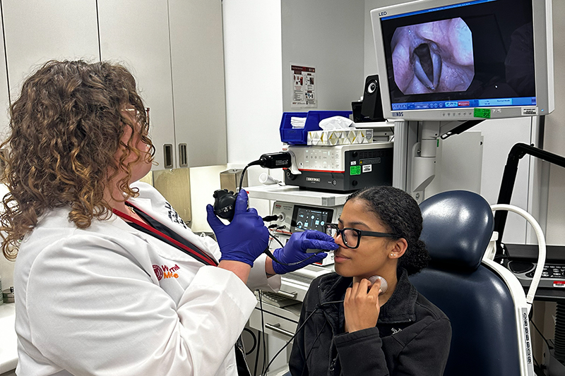 At the Sean Parker Institute for the Voice, Atkinson works with laryngologists to perform videostroboscopies to identify issues on singers’ vocal cords. 