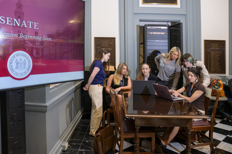 Meet UD’s new Statehouse News Fellows — six student journalists who have spent the last six months covering state government in partnership with Delaware Public Media, filling a gap in local news coverage. From left to right: Gia Joella, Lily Grossberg, Sarah Cain, Danielle Weinhofer, Darcy Rohman and Alexis Hollinger. 