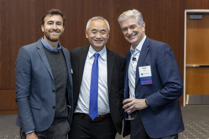 From left, Dario Fuentes, director of development for the Alfred Lerner College of Business and Economics; Oliver Yao, dean of the Alfred Lerner College of Business and Economics; and Brian Feuer, Class of 1988 and 2025 Chaplin Tyler Lecture speaker, pose during the Blue Hen Innovation Fest.