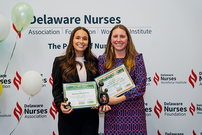 Madison Wirchansky (left), a senior nursing major who received the DAISY Award for Extraordinary Nursing Students, and Assistant Professor of Nursing Michelle DePhillips (right), the recipient of the DAISY Award for Extraordinary Nurse Educators, were recognized at a Delaware Nurses Association DAISY Gala.
