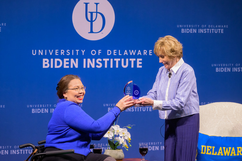 U.S. Sen. Tammy Duckworth is the eighth recipient of the annual Valerie Biden Owens Woman of Power and Purpose Award presented by the Biden Institute in the Joseph R. Biden, Jr. School of Public Policy and Administration at the University of Delaware. The award recognizes one woman each year whose transformational leadership makes a difference in Delaware and beyond.