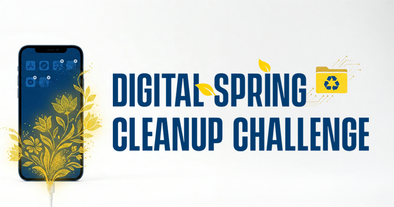 A smartphone with digitized flowers blooming over it with the logo for the Digital Spring Cleanup Challenge