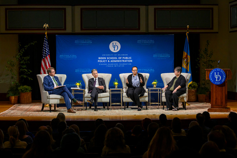 Timothy J. Shaffer, Stavros Niarchos Foundation Chair of Civil Discourse and director of the SNF Ithaca Initiative (far left), moderated a panel discussion featuring (from left) Jeffrey Rosen, UD experts Associate Professor Dominique Baker and Associate Professor Jennifer Lambe. 