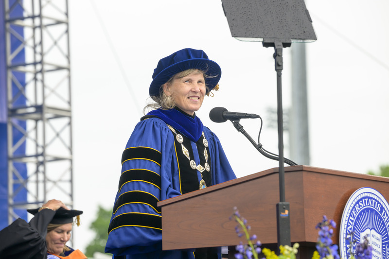 UD President Laura Carlson reminded graduates what it means to be a Blue Hen. “It signals dedication to excellence, dedication to community, dedication to service above self,” she said.