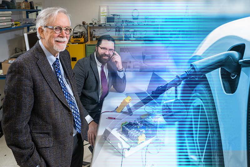 Composite image of UD professors Willett Kempton and Rodney McGee, along with the technology they developed to allow bidirectional charging using alternating current (AC) power.