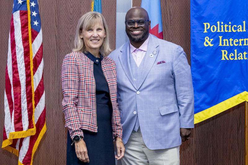 UD President Laura Carlson and Allen at the event. Allen looked forward to more partnerships between the two schools, building on the current partnership in engineering.