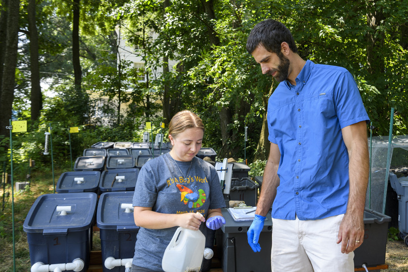 Crossley and Destiny Mann, a second-year doctoral student in Crossley’s lab are rearing more than 100,000 larvae across 30 bins that contain different combinations of grain, produce and meat.