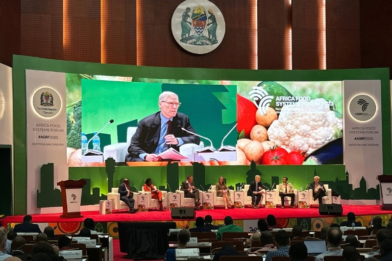Cornelius speaks on a panel during the Africa Food System Forum in Tanzania in 2023. He is pictured on stage. 