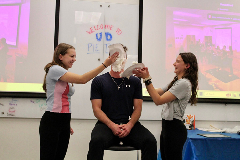 UDPT alumni Abigail Wilson, Brett Rudy & Rachel Kiernicki participated in the annual Pie Time, where students donate money to vote for their favorite professor, director, or clinician to get pied in the face