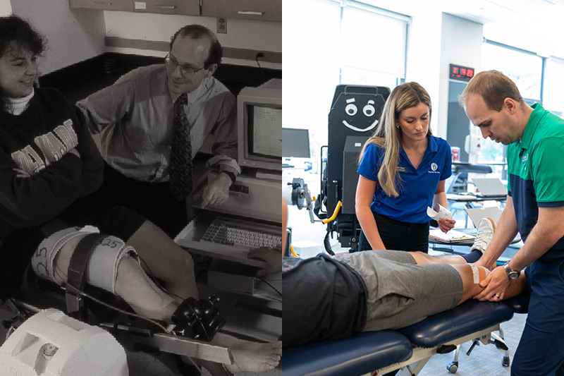 UD physical therapy then and now image of students working with professors in the 1990s and 2020s
