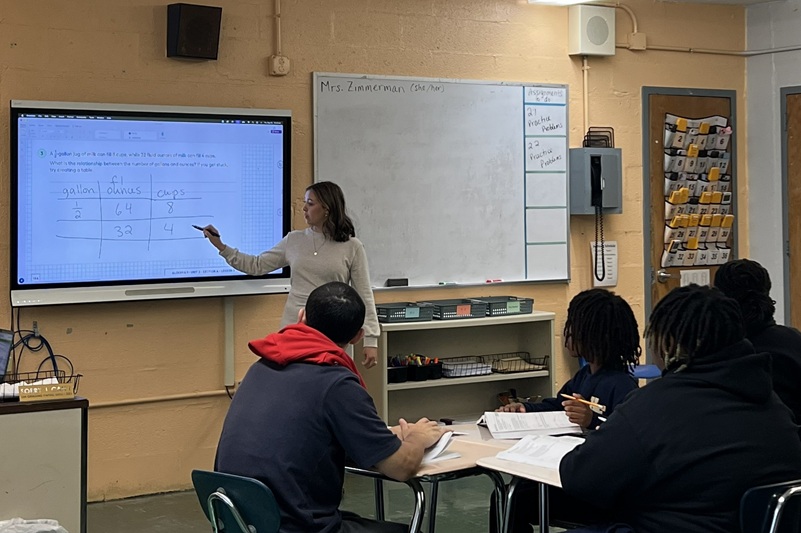 Zimmerman teaches a math class to students at Philadelphia School District’s Hill-Freedman World Academy in September 2026.