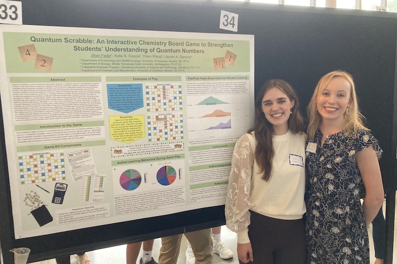 Now on the UD faculty, Lauren Genova mentors undergraduates as they explore research opportunities. Genova is with student Jill Fader in this 2024 photo taken at the Summer Scholars Symposium.
