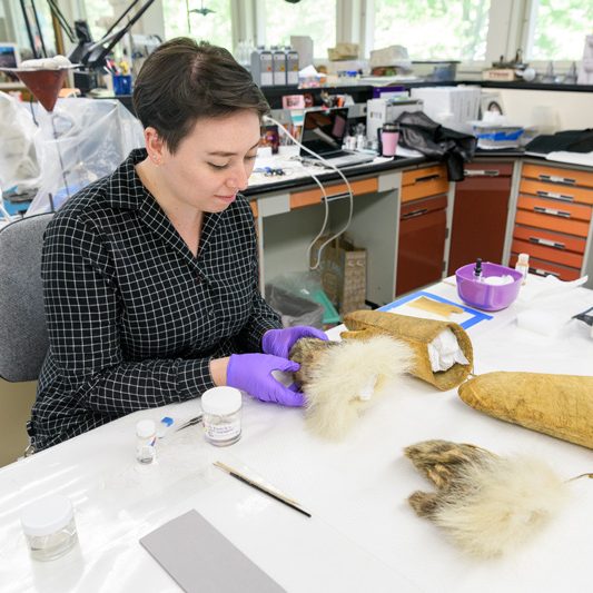 Caitlin Richeson, a graduate student in the Winterthur / University of Delaware Program in Art Conservation program, working to conserve the mittens worn by Matthew Henson during the 1908–09 expedition to the geographic North Pole with Robert Peary. Henson, who served as navigator, craftsman, and was known as Peary's "first man" on the expeditions, was also the first African-American Arctic explorer. - (Evan Krape / University of Delaware)