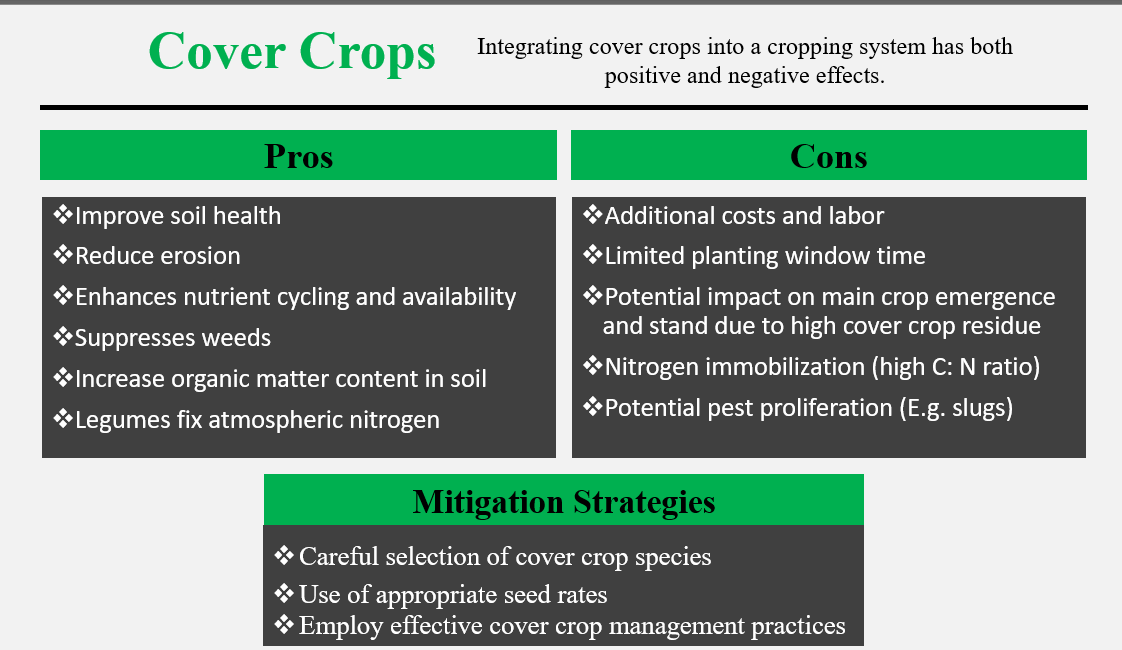 Figure 4: Pros and cons of using cover crops with mitigation strategies.