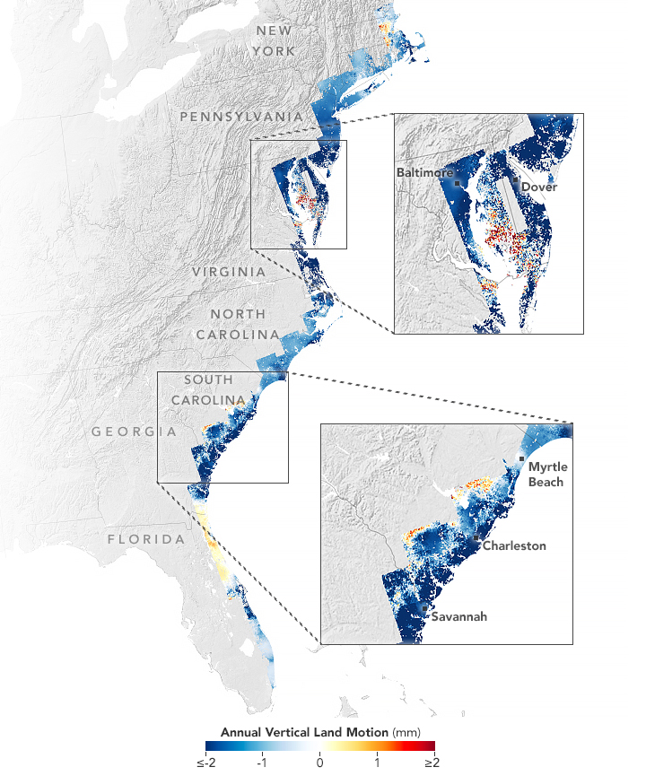 Figure 3. Geologic changes along the East Coast are causing land to sink, thus exacerbating the flood-inducing effects caused by sea level rise. Credit: NASA earthobservatory.nasa.gov